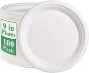 WOYAODONG 100Pack Disposable Paper Plates 9 Inch 100% Compostable Plates Heavy-Duty Disposable Paper Plates Bagasse Natural Biodegradable Eco-Friendly Sugarcane Plates（White）