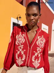 Love & Roses Red Pie Crust Detail 3/4 Sleeve Blouse (AN8325) | $90
