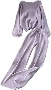 [Generic] Women's Knitted 2 Piece Sets Crew Neck Knit Pullovers Tops High Waist Wide Legs Pants Outfits Trendy Tracksuits