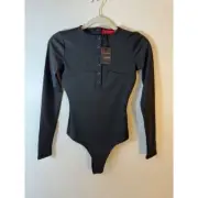 n:Philanthropy Bruna Thong Compression Bodysuit 1/4 Snap Black Long Sleeve XS
