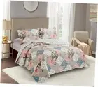 Peach and Olive Flowers Patchwork, 3-Piece Quilt Set with 2 Shams, Reversible