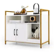 Costway Cat Litter Box Enclosure Wood Storage Cabinet Cat House Sideboard Living Room w/2 Doors White