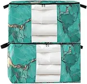 Amooorous Greenish-gold Marble Texture 60/95 L zippered storage box with Reinforced Handles, clear window shoe storage organizer for Blankets, Comforters, and Clothes