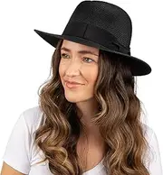 [Debra Weitzner] Women Fedora Sun Hat with Wide Brim—Foldable Roll-Up Straw Beach Hat UPF 50