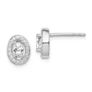 Sterling Silver Rhodium-Plated W/ Cz Oval Stud Earrings