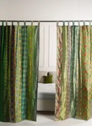2 Pcs Indian Sari Patchwork Curtain Drape Window Decor Green Silk Sari Curtain