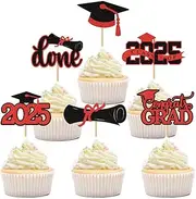 24 Pcs Graduation Cupcake Toppers 2025 Red Glitter Grad Cupcake Toppers for Graduation Decoration, Class of 2025 Graduation Cap Cupcake Toppers Supplies