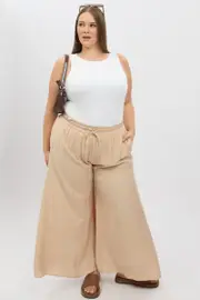 Beige Paperbag Waist Very Wide Leg Pants