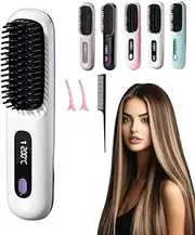 Go Brush Pro, 2025 Cordless Hair Straightener Brush, Portable Straightening Comb For Travel, Portable Mini Hot Comb with Negative Ions Smoother, Rechargeable Heated Brushes (White)
