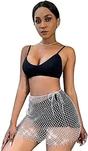 [Generic] Women Sexy Glitter Rhinestone Mesh See Through Mini Skirt Hollow Out Swimsuit Cover Up Club Festival Rave Outfit