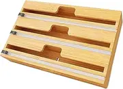 Wrap Dispenser, Bamboo Wood Cling Food Wrap Dispenser, with Slide Cutter, Cling Wrap Dispenser Sturdy and Reusable, Foil and Wax Paper Organizer and Dispenser for Kitchen Drawer