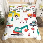 Cartoon Vehicles Children's Duvet Cover Set, S Size, Cute Police Car, Fire Engine Toddler Bedding Set, Girls Adults, Construction Digger Comforter Cover, Colourful Quilt Cover, 1 Pillowcase