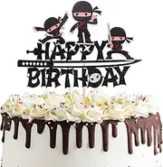 SYKYCTCY 1 Pack Ninja Happy Birthday Cake Topper Black Glitter Martial Arts Karate Kung Fu Warriors Cake Pick Ninja Theme Baby Shower Kids Boys Girls Birthday Party Cake Decorations Supplies