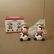 Vtg NOS w/Box Davco Silver Ltd. Ceramic Bistro Cow Chef Salt Pepper Shakers 4057