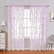 Willow Voile Curtains Sheers Leaf Curtain Window Rod Pocket Curtains Nursery Sheers Curtain for Kids Living Room Bedroom Window Door Balcony (Purple,52 inch Width 75 inch Length)