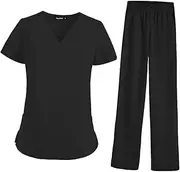 [Frediuo] Women Scrubs Set, Scrubs Top and Pants, Short Sleeved V Neck Stretch Nurse Uniform, Nursing Scrubs for SPA, Healthcare
