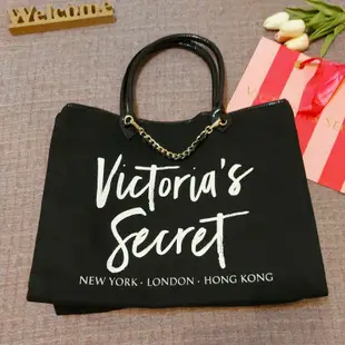 美國帶回 Victoria's Secret  時尚 經典黑 Logo印花 鍊條 帆布 手提包 側背包 肩背包 近全新