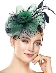 [Bniksok] 1920s 50s Vintage Fascinators Hat for Women Tea Party Halloween Headband Flower Bridal Shower Weddings Themed Events, Black Green, 1-2