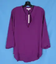 Nwt CHELSEA TAYLOR Purple CHIFFON V-Neck ROLL-TAB SLEEVE Hi-Low Hem BLOUSE TOP L