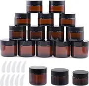 15Pack 1oz 1.7oz 2oz Amber Glass Jars with Inner Liners and Black Lids, Amber Round Containers Cosmetic Glass Jars Come with 10Pcs Plastic Scrapers for Storing Lip Body Scrub Lotion Makeup