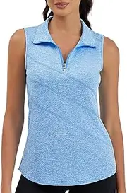 [Moydan] Womens Golf Polo Shirts Sleeveless Zip Up Tennis Moisture Wicking Workout Tops, Light Blue, L