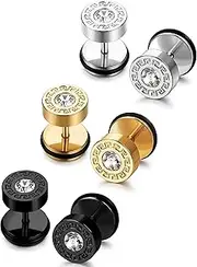 [FIBO STEEL] 3-4 Pairs Stainless Steel Mens Stud Earrings for Men Women Ear Piercing Plugs Tunnel