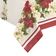 Red and White Poinsettia Holiday Wrinkle Resistant Fabric Tablecloth, 60" x 1...