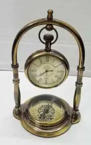 Nautical Table Clock Brass Desk Compass with London Pocket Watch.
