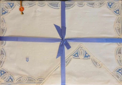 Vintage Hand Embroidered & Belgium Lace Placemats & Napkins Set Of 8. New