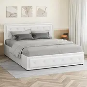 ALFORDSON Bed Frame Base with Gas Lift Storage King Size Della Series, Mattress Topper Platform Foundation with PU Leather Upholstery for Bedroom, White