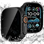 Goton Waterproof Privacy Case for Apple Watch Ultra 2 2024 Ultra 2 Ultra 49mm, Hard PC Bumper Tempered Glass Screen Protector for iWatch Cover Accessories, 49mm Black