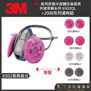 【工安防護專家】【3M】6502QL+2091/2097/2291/2297快拆式雙罐半罩 P100顆粒物過濾棉 過濾棉