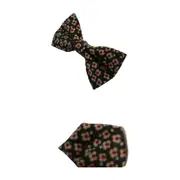 Mens Green With Cream & Red Flowers Cotton Bow Tie & Pocket Square Set