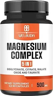 5in1 Magnesium Complex Supplement with 20% Purified - 500mg of Magnesium Bisglycinate, Citrate & More for Bone Health, Immune System & More - 90 Capsules