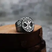 Nordic Viking Stainless Steel Ring Anchor Compass Tree of Life Rune Amulet Wolf