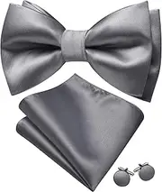 [Barry.Wang] Men's Paisley Silk Pre-tied Bow Tie Set Pocket Square and Cufflinks for Weddings and Formal Events, Silver Solid, One Size