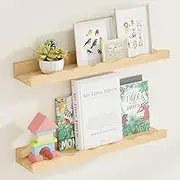 Fun Memories Picture Ledge Shelf for Wall, 24 inch Pine Wood Nursery Book Shelves Set of 2- Wall Book Shelves for Kids Room, Home Decor - Kitchen Spice-Natural