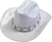 YFVFAGDMKV Rhinestone Fedora Hat for Women Autumn Winter Western Cowboy Festival Party HatWide Brim Beach Hat(6)
