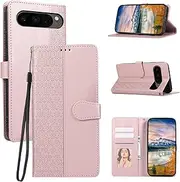 [Asuwish] Mobile Phone Case for Google Pixel 9/9 Pro 5G Case with Film Screen Protector Card Slot Foldable Leather Wallet Stand Pixel9 9Pro Mobile Phone Cases Protective Glass Phone Case Rose Gold
