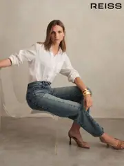 Reiss Mid Blue Molly Petite Barrel-Leg Seam Jeans (H14438) | $280