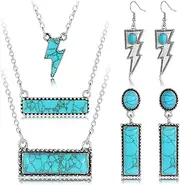 [Juicfru] 5PCS Western Turquoise Jewelry Set for Women Vintage Bohemian Lightning and Square Turquoise Necklace Dangle Earring Bracelet Set Boho Jewelry Cowgirl Accessories for Mom Wife Girlfriend
