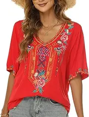 [Seasonal] Women's Summer Blouse Mexico Embroidery Tunic Boho Hippie Blouses Bohemian Short Sleeve Loose Tops