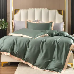 FOCA復古綠 特大-潮流金框系列 頂級300織紗100%純天絲四件式薄被套床包組