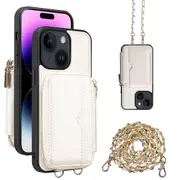For iPhone 15 Plus Kickstand Zipper Wallet Back Cover PU Leather+TPU Phone Case with Chain Strap