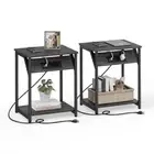 End Table with Charging Station, Set of Small Side Tables 2 Misty Gray + Black
