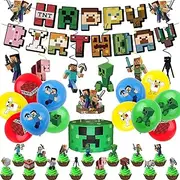 COSORO Minecraft Birthday Decorations for Kids (Mine-craft) with Steve, Banner, Hanging Spins, Cake Decorations, Balloons