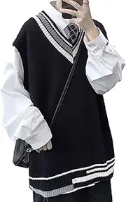[SWJGLITTR] Mens Wool Blended Knitted Vest Cotton V-Neck Pullover Sweater School Loose Knitwear Sweaters for Men, Black, Medium