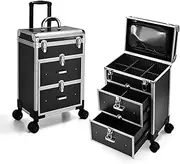 Adazzo Professional Rolling Makeup Train Case with Drawers, Large Cosmetic Trolley with Locks, Cosmetics Storage Organizer Make up Case for Travel Makeup Nail Art, Black
