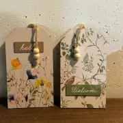 2 Piece Set Hanging Floral Flowers Bird Hello Welcome Home Decor 8 x 4.5 inches