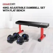 Powertrain 48KG Adjustable Dumbbell Set (Blue) with Flat Bench